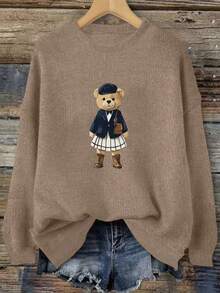 Plus Size Women's Dachshund Dog Wearing Hat Graphic Print Loose Crew Neck Pullover Sweater - Earth Gray - View 2
