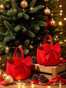4pcs/Set Christmas Party Red Bow Gift Basket, Portable Handheld Goodie Bag, New Year Party Favor Snack Bag, Holiday Birthday Party Decoration Gift Packaging Box, Self-Assembly Required - Multicolor - View 5