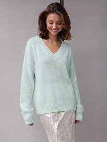 Vuslat Women's Autumn/Winter Loose V-Neck Solid Color Knit Sweater, Lazy Pullover Short Knit Basic Top For Commuting, Dating, Party, Christmas - Mint Blue - View 5