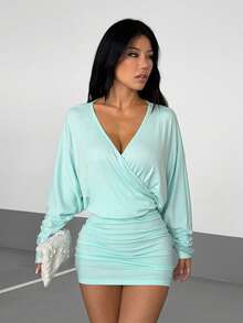 Light Green French Wrap V Neck Batwing Long Sleeve Waist Ruched Bodycon Mini Dress Sexy Going Out Date Night Party Outfit - Light Green - View 2