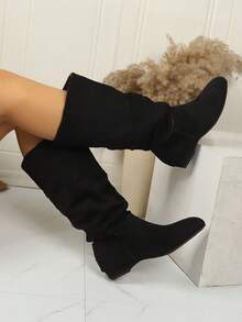 Autumn/Winter New Women's Mid-Calf Riding Boots, Chunky Heel Boots, Western Style Lace-Up, Holiday - Black - View 6