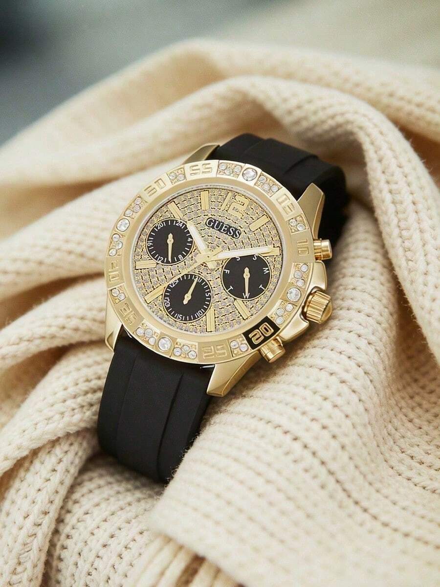 Guess GW0772L1 Women's Crystal Quartz Watch, Gold Case, Black Silicone Strap, Sparkling Dial, Perfect Gift For Her - Black - View 1