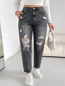 Comfortable Plus Size Slim Fit High Waist Cropped Mom Jeans, Distressed Decor, Pocket Design, Button & Zipper Fly, Suitable For Autumn Casual Wear And Halloween Outfit - Black - View 8