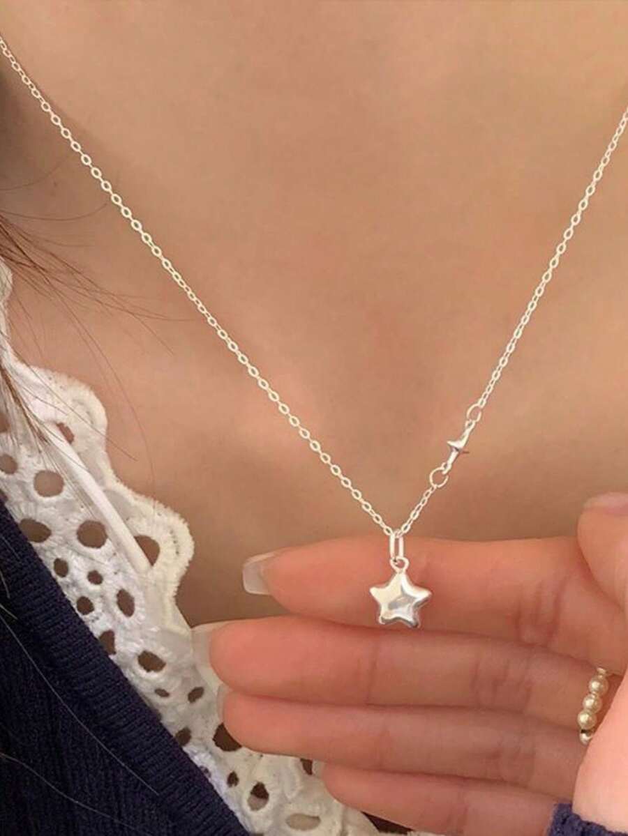 1件女款甜美時尚優雅星星與四角星吊墜項鍊 - 銀色 - 查看 1