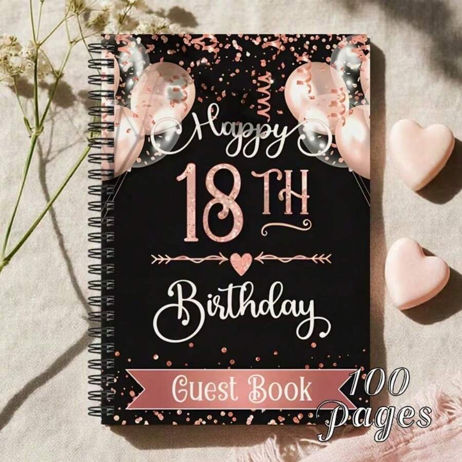 1本優雅生日螺旋裝訂賓客簽名簿 浪漫粉色氣球設計 18歲生日慶祝紀念記憶日記本 - P - 查看 1