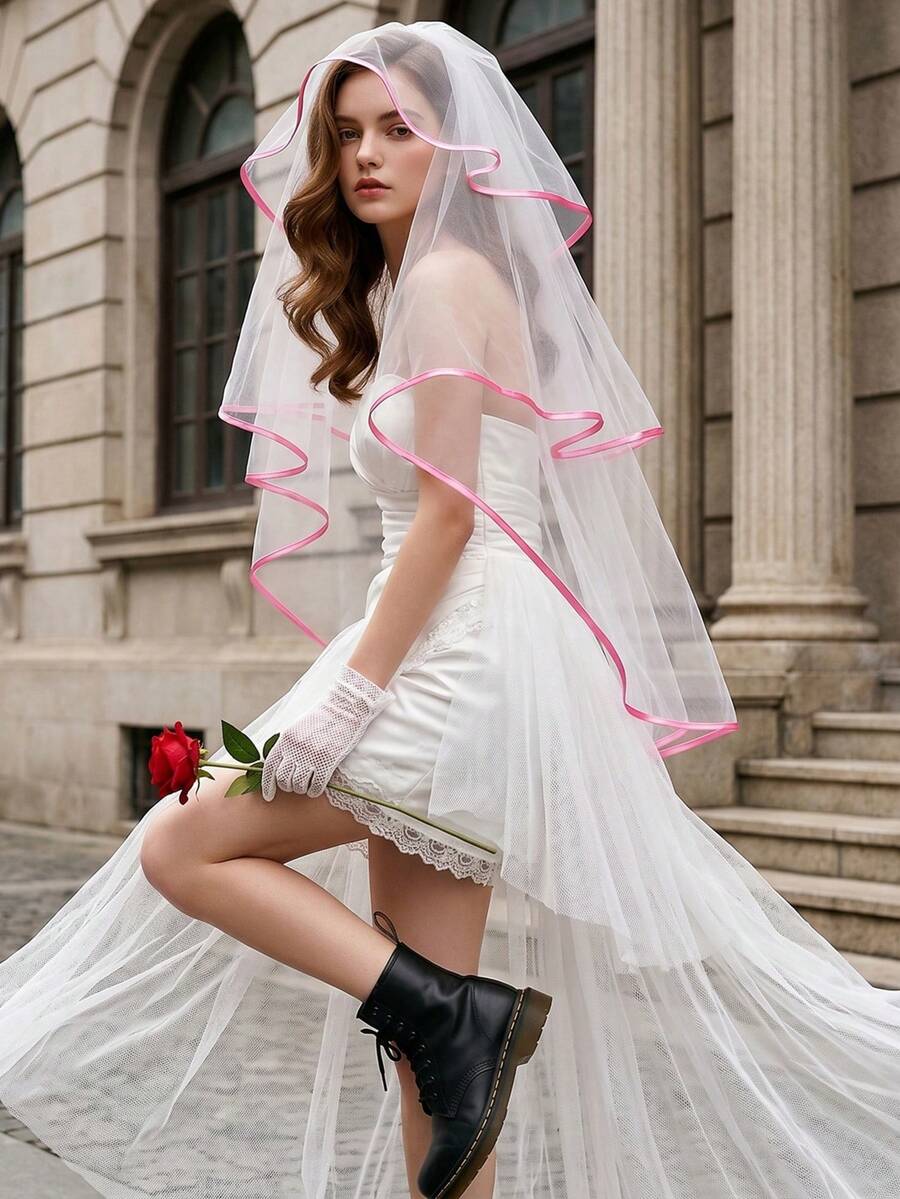 1 Pc Two-Tier Pink Satin Ribbon Edge Short Bridal Veil With Comb, Hair Accessory For Bachelorette Party, Wedding Photoshoot & Registry