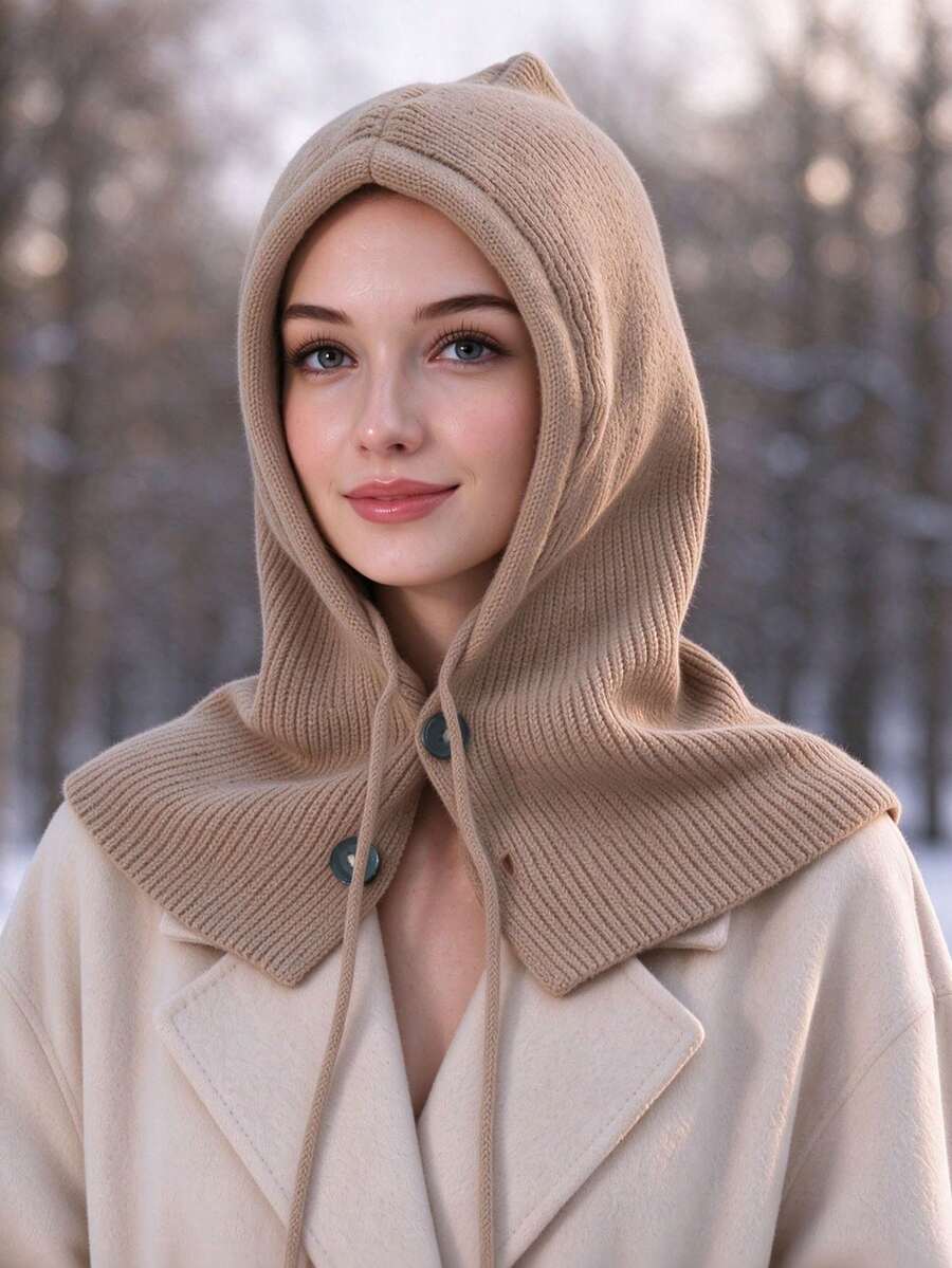 Women's Solid Color Knitted Hooded Scarf Hat, Button Decor Drawstring Adjustable Hooded Scarf, Warm Knitted Beanie, Suitable For Outdoor, Daily Commute And Coat Matching
