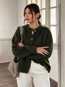 Green Plus Size Round Neck Dropped Shoulder Long Sleeve Front Button Fashion Knit Cardigan, Warm And Comfortable Knitted Knit Jacket For Autumn/Winter - Green - View 1
