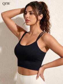1pc Women's Sports Casual Thin Padded Wireless Bra, Double Shoulder Strap Criss-Cross Back Design - Black - View 6