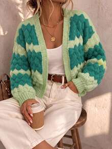 Just Masa Women's Autumn/Winter Casual Colorblock V-Neck Knit Cardigan, Loose Long Sleeve Ribbed Knit Jacket, Suitable For Daily Wear, Outings, Halloween, Travel - Green - View 7