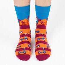 1/4 Pairs Multi-Color Random Couple Socks, All-Season, Illustration Music Note, Skateboard, Coconut Tree Landscape Silhouette, Personalized Fashion Street Casual Mid-Calf Socks - Multicolor - View 7