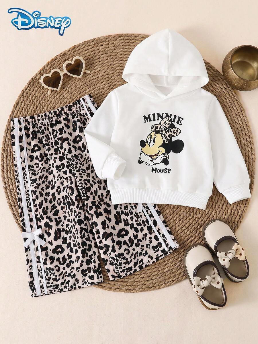 Disney 2pcs/Set Autumn Baby Girl Hooded Minnie Mouse Pattern Long Sleeve Sweatshirt & Elastic Waist Bow Decor Leopard Print Wide Leg Pants Outfit Spring - White - View 1