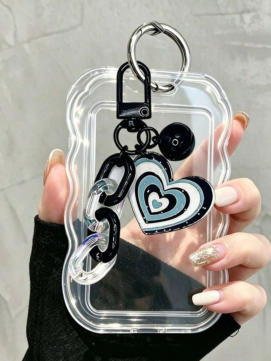 Exquisite Heart-Shaped ID Card Holder, Bell Heart Hanging Card Sleeve, Fresh Style Card Pouch, Wavy Transparent Card Holder With Keychain, Delicate Girl Accessory, Work Badge Protector; No RFID Function, With Detachable Key Ring And Detachable Lanyard/Pendant - With ID Window And Card Slot. Suitable For ID Cards, Student IDs, Meal Cards, Work Passes And Subway Access Cards. Back To School Essential, Ideal Gift For Girls. Must-Have For Music Academy Students - Multicolor - View 1