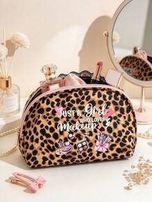 Leopard Print Cosmetic Storage Bag, Leopard Print Bra Storage Bag, Printed With Cartoon Makeup Tool Pattern, Portable Travel Multi-Functional Cosmetic Organizer, Partitioned Makeup Bag, Cosmetic And Toiletries Organizer Bag, Zipper Makeup Bag, Perfect Gift For Organizing Cosmetics And Underwear For Birthday, Halloween, Ramadan, Christmas - Multicolor - View 3