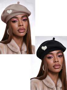 Merlader Style Beret For Women, Autumn And Winter, Heart Pearl Knit Beret Hat, Japanese Retro, Versatile, Face-Slimming, Octagonal Hat, Pumpkin Hat - Multicolor - View 23