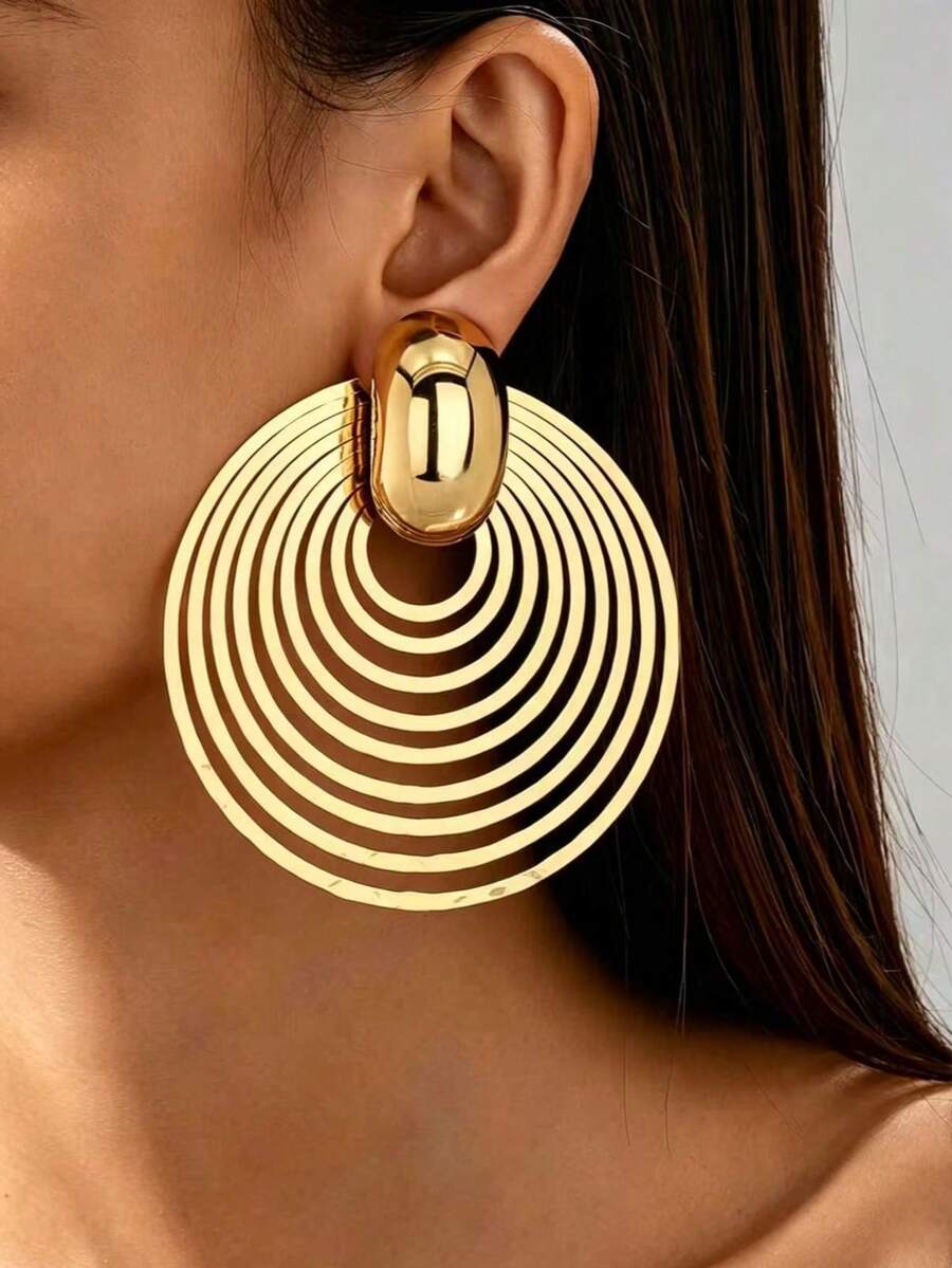 1 Pair Women's Exaggerated Elegant Geometric Concentric Circle Large Hoop Earrings, Multi-Layer Hollow Pattern, Suitable For Daily, Party And Date Wear - Yellow Gold - View 1