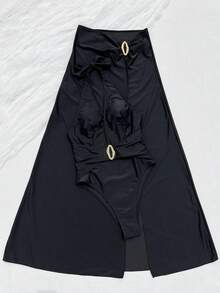SwimNova Sexy Style Black Halter One-Piece Swimwear For Women With Long Skirt, Vacation Style Bikini - Black - View 2
