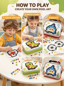 Children's DIY Pixel Mosaic Puzzle Toy, Plug-In Building Block Set, Mushroom Nail Art Craft Kit, Cartoon Animal Pattern Matching Game, Color Recognition Activity, Fine Motor Skills Toy, Portable Travel Storage Box, Interactive Learning Gift For Toddlers And Children - Multicolor - View 9