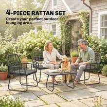 4-Piece Rattan Garden Furniture Set, Outdoor Patio Sofa Set With Loveseat, 2 Armchairs & Glass Coffee Table, PE Rattan Seating Set For Balcony & Small Patio - Black - View 2