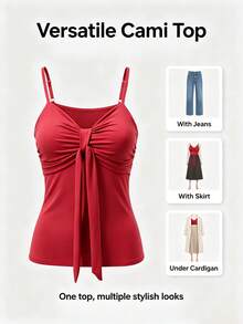 Women's Pure Red Spaghetti Strap Camisole Top With Twisted Front Tie Hem, Fitted Sleeveless Tank For Casual Daily Wear And Dating - Red - View 9