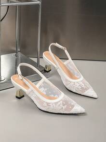 White Pointed Toe Closed Toe Backless Sandals For Women Lace Mesh Embroidery Strap Buckle Wine Glass Heel Fairy Style Shoes - White - View 5