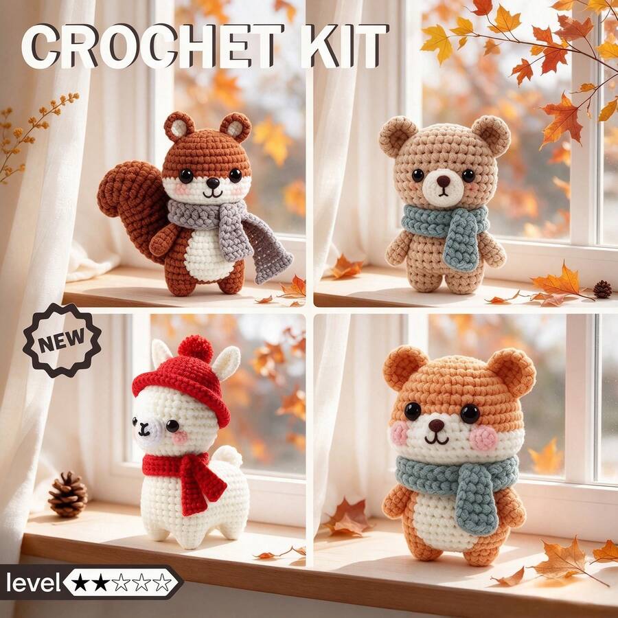 Squirrel, Bear, Alpaca, Hamster - Crochet Kit Material Pack - Adult Beginner Crochet Kit With Step-By-Step Text Tutorial, Squirrel, Bear, Alpaca, Hamster - Kit, Four Animal Options, Cute And Fun Home Decor, Birthday, Valentine's Day, Holiday Gift (Not A Finished Product, Requires Hand Crochet) - C-Multicolor Set - View 1