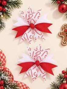 2pcs Christmas Candy Cane Bow Hair Clips, For Girls, Cute Red & White Multi-Layer Satin Hair Clips, Candy Cane Print, Party Accessories - Multicolor - View 2