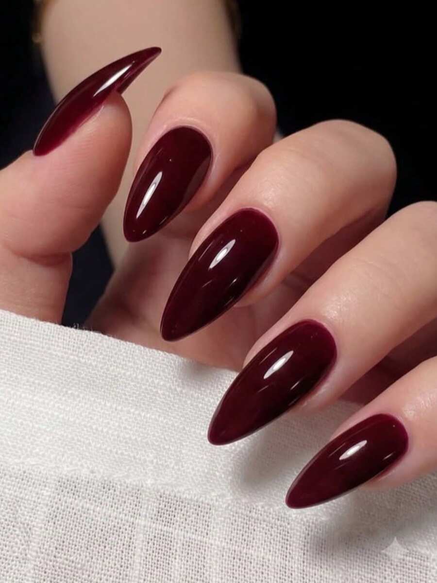 Press On Nails Long Pointed Fake Nails, Red Almond Glue, Solid Color Fake Nails, Press-On Artificial Gothic Blood Fake Nails 24pcs Glossy Nail Tips + 1pc Jelly Glue + 1pc Nail File