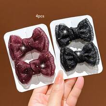 4pcs Black + Burgundy Bow Hair Clips Sweet Style Hair Accessories Suitable For Daily Wear - Multicolor - View 11