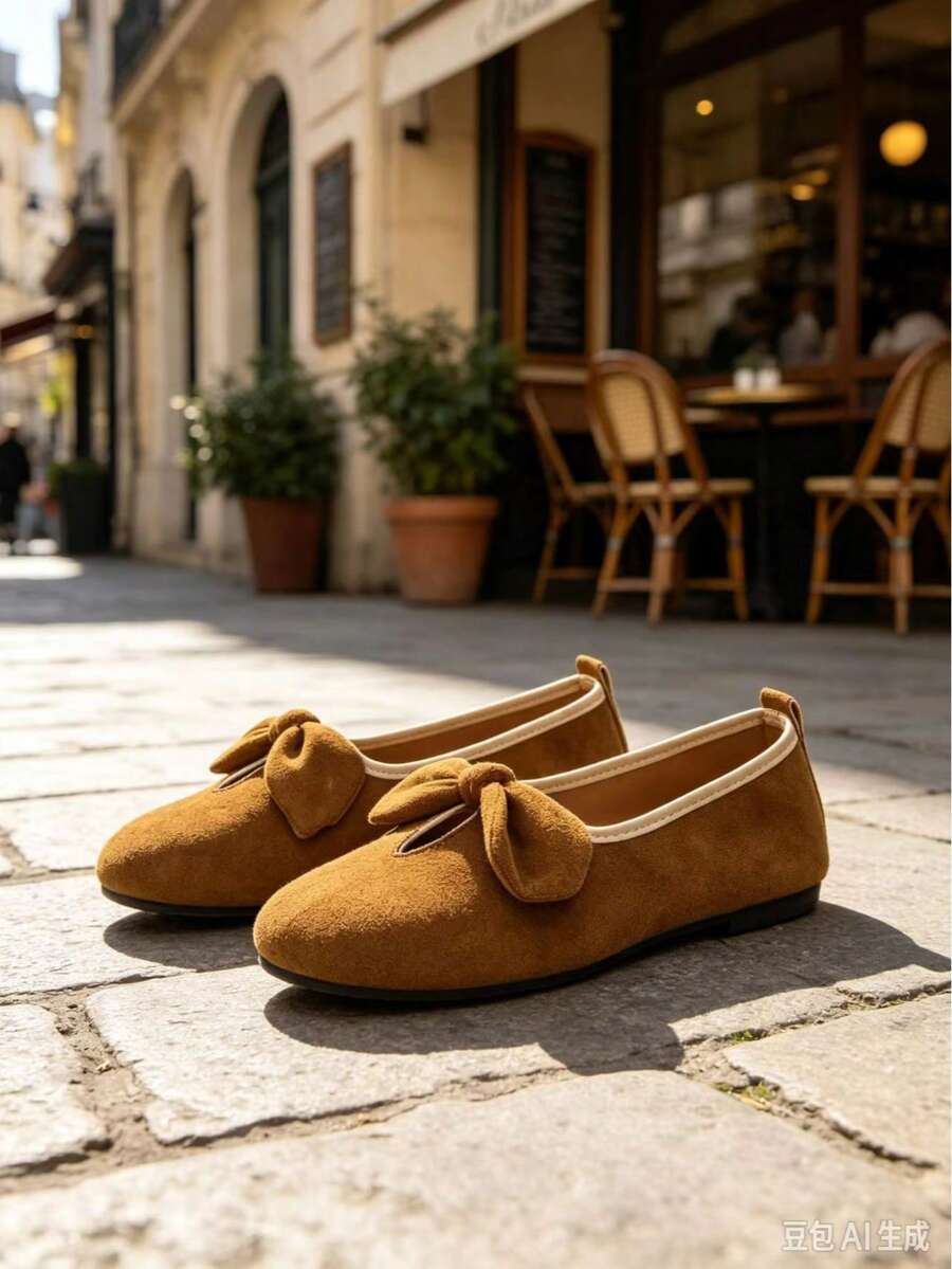 Women's Vintage Large Bow Suede T-Strap Soft Sole Ballet Flats For Daily Commute, All Season - Brown - View 1