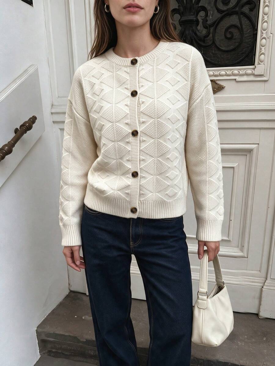 女款純色紋理針織開襟衫,休閒日常穿著前扣鈕扣夾克,極簡長袖秋冬款 - 米色 - 查看 1