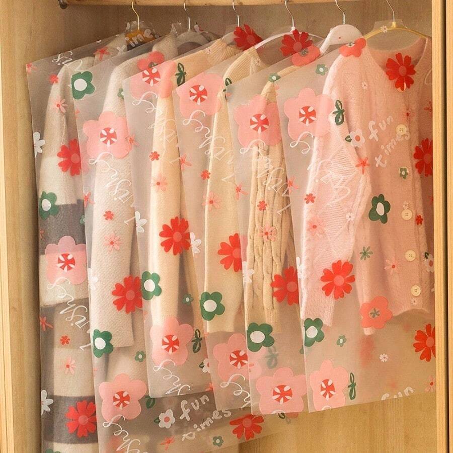 1pc Hanging Garment Dust Cover Bag, EVA Waterproof & Moisture-Proof Clothing Storage Organizer Bag, Middle Zipper Design Semi-Transparent Printed Suit Dress Coat Protector, Suitable For Home Wardrobe