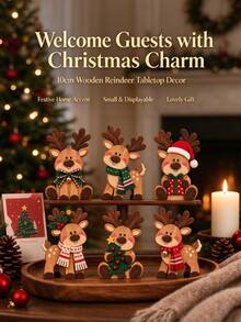 1 Set 6pcs Wooden Christmas Tabletop Decor, Cute Reindeer Decoration, Suitable For Holiday Party, Home Fireplace Decoration, Christmas Gift Decoration - Multicolor - View 11