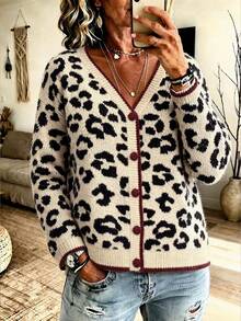 Women Plus Size Leopard Print V-Neck Button Cardigan, Long Sleeve Autumn Fashion Top - Apricot - View 9