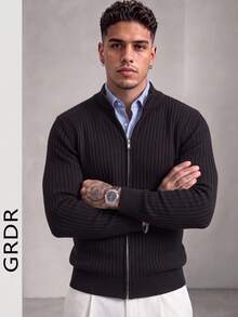 GRDR Men's Striped Zip-Up Slim Fit Regular Shoulder Cardigan Long Sleeve Sweater - Black - View 2