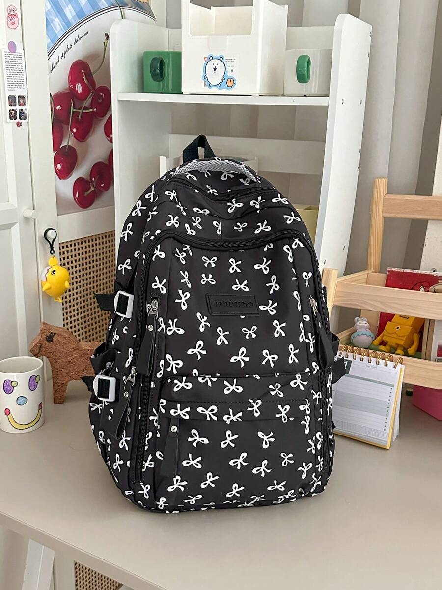 Backpack + Pink Bow Print School Backpack + Multi Pocket Water Resistant Storage + For Teen Daily Study Cute Lightweight Adjustable Strap Rucksack - Multicolor - View 1