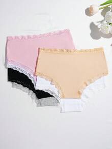 6件組棉質蕾絲飾邊甜美風純色女款三角內褲，適合日常穿著 - 彩色 - 查看 4