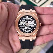 Jam Tangan Pria Bentuk Bulat dengan Tali Silikon, Model Mekanik Berongga, Kalender, Penanda Angka Batang Bercahaya, Jam Tangan Dekoratif yang Dipersonalisasi - Satu-Ukuran - View 3