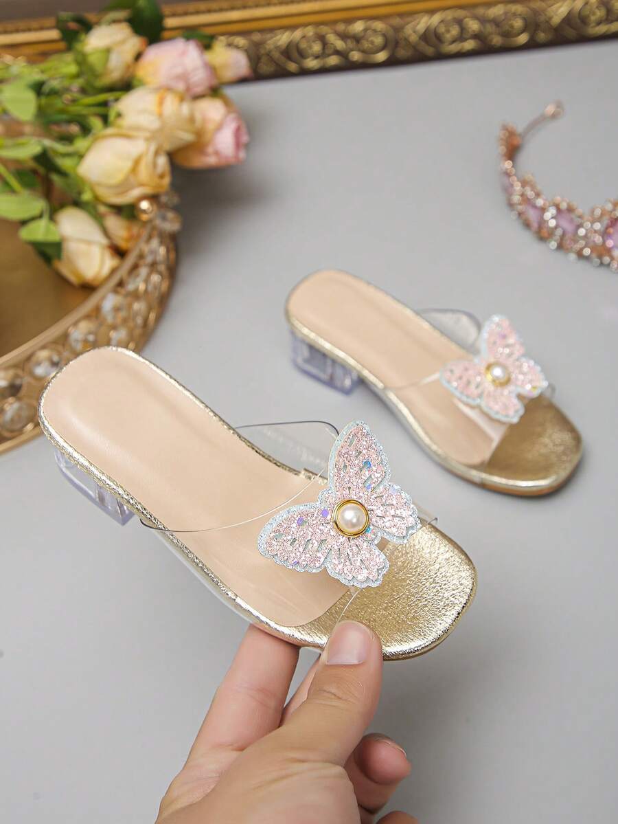Little Girls High Heel Crystal Slippers, Elegant Wedding & Occasion Shoes, Comfortable & Versatile, Suitable For Party & Travel, Butterfly Pearl Design - Rose Gold - View 1