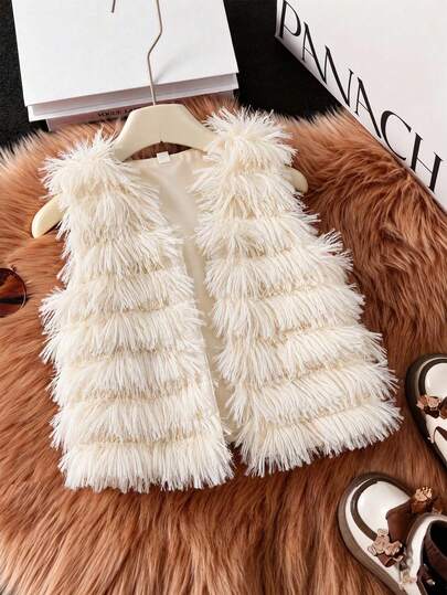 Mädchen Herbst/Winter 4-8Y mehrschichtige Rüschen Kunstfell Weste, cremeweiße Strickjacke ärmellose Kunstfell Weste, lässige Party elegante Oberbekleidung