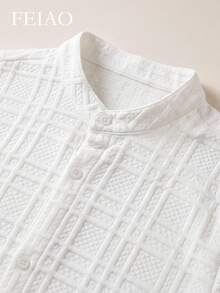 FEIAO Men's Vintage "Old Money" Textured Short Stand Collar Button Long Sleeve Shirt, Versatile Casual Style Suitable For All Seasons - White - View 6