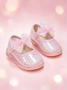 Girls' New Pink Glitter Mary Jane Princess Shoes, Mesh Pearl Bow Hook And Loop Soft Sole Round Toe Shoes, Suitable For Performance, Birthday, Holiday, Party And Daily Wear - Pink - View 4
