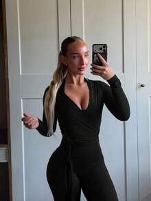 2pcs Yoga Fitness Workout Set: Wrap Waist Long Sleeve Sports Top + High Waist Wide Leg Pants - Black - View 4