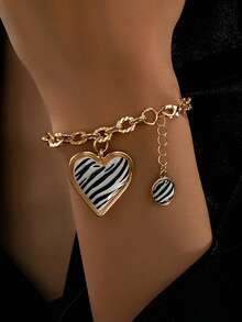 1pc Fashion Zebra Print Heart Pendant Bracelet, Gold Thick Chain With Adjustable Extension Chain, Unique Niche Jewelry Accessory - Black and White - View 6