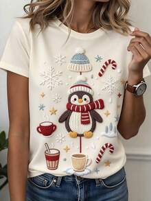 Plus Size Women's Winter Penguin Casual Graphic Tee Print Daily Tops Crew Neck Short Sleeves T-Shirts - Apricot - View 1