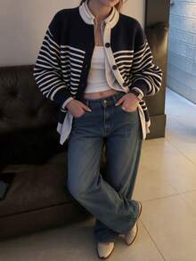 Fall/Winter Elegant Casual Preppy Striped Cardigan Sweater Blouse For Women - Navy Blue - View 8