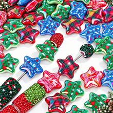 5pcs Christmas Acrylic Star Beads, Plaid & Snowflake Patterns, Large Hole Loose Beads For Jewelry Making, DIY Bracelets, Necklaces, Keychains Craft - Random Color - View 4