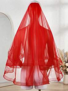 1Pc Vintage Red Double-Layer Ribbon Trim Veil, Sheer Tulle With Hair Comb, Red Veil For Chinese Wedding, Halloween & Bridal Portrait Shoot - Multicolor - View 9