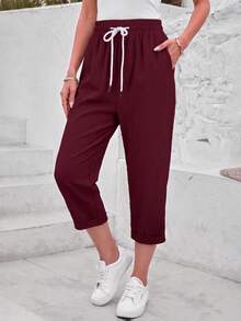 Jisfaneya Women's Solid-Color Lace-Up Pocket Casual Cropped Pants - Burgundy - View 2