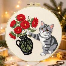 15*15cm/5.9*5.9in 20*20cm/7.9*7.9in,Cat And Flowers Embroidery Kit, DIY Handmade Embroidery Set For Adult Beginners, Home Gift, Women's Sewing Gift, Including User Manual, Printed Pattern Fabric, Embroidery Frame, Needle And Thread. - Cat and Flowers - View 5